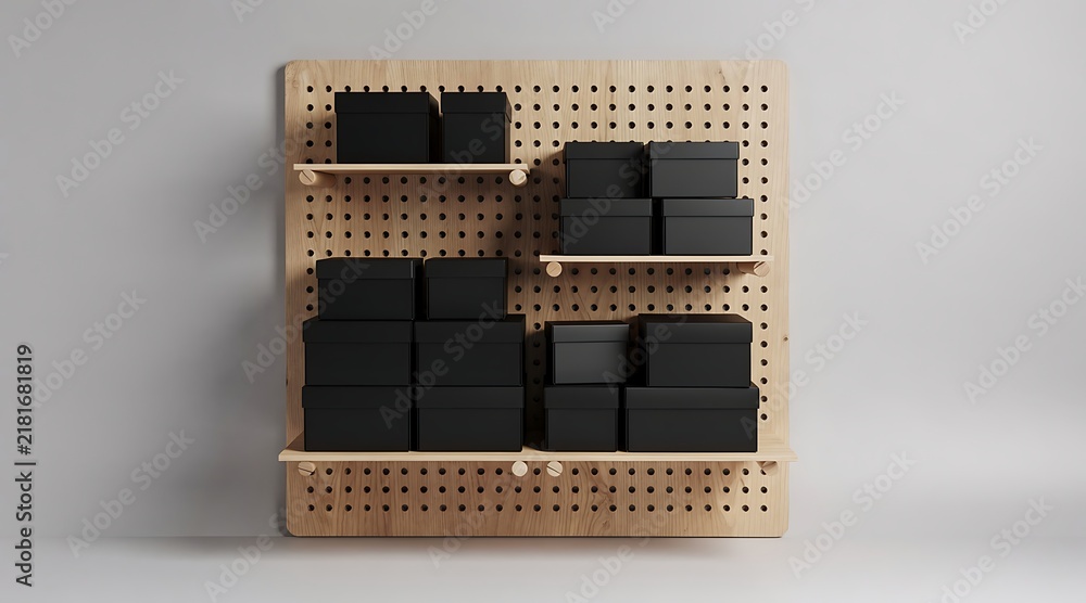 Obraz premium Black empty boxes organized on perforated wooden shelf.