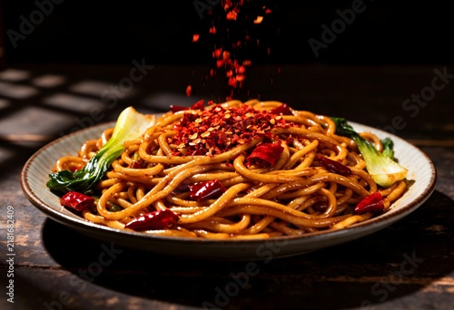 Spicy stir fried noodles with bok choy and chili flakes stir fry delicious lighting oriental