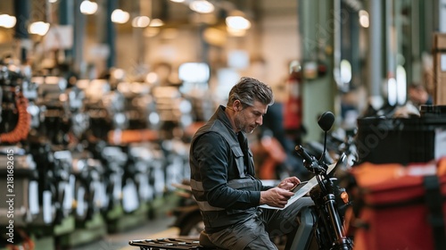 Factory worker inspects technical documents while sitting on a motorbike inside an industrial manufacturing plant.