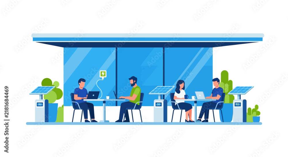 Fototapeta premium People Working in Outdoor Coworking Space Powered by Solar Panels Flat Vector Illustration. Sustainable Energy and Remote Work Concept with Solar Powered Charging Stations.