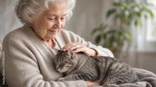 Elderly grandmother affectionately caressing her sleeping tabby cat on her lap while relaxing at home in an armchair