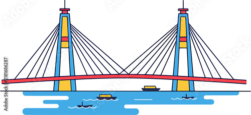 Cable Stayed Suspension Bridge Illustration with Boats on Water