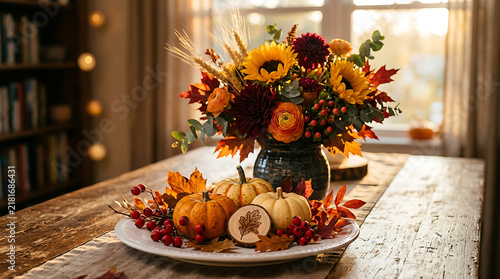 Autumn harvest table centerpiece with sunflowers and mini pumpkins in a cozy home setting autumn leaves thanksgiving decor sunflower bouquet