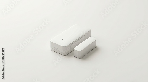 Door sensor apparatus showcasing a clean minimalist plastic texture resting on a neutral white surface bathed in diffuse natural illumination.