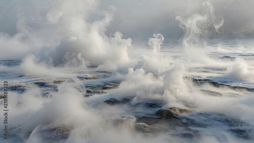 Fototapeta premium Steam rising from geothermal landscape creates a hazy atmospheric scene