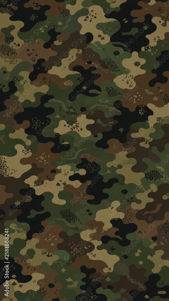 Fototapeta premium Woodland camouflage pattern with green, brown, black and khaki organic splotches for military and outdoor design