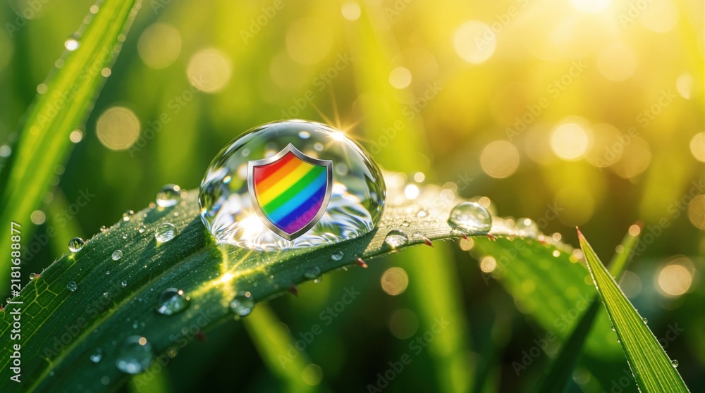 Obraz premium Macro shot of dew drop on green grass blade. Rainbow pride shield icon reflects inside water droplet. Concept of lgbtq rights protection, equality in nature. Bright sunlight creates bokeh effect on