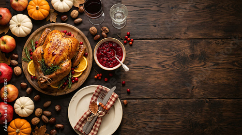 Roasted thanksgiving turkey served on a wooden dining table with autumn harvest vegetables and cranberry sauce holiday dinner cooked bird