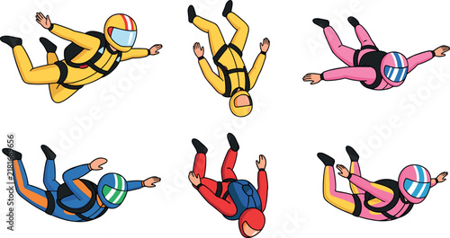 Фотография Skydiver Vector Set with People in Colorful Jumpsuits Free Falling Extreme Sport