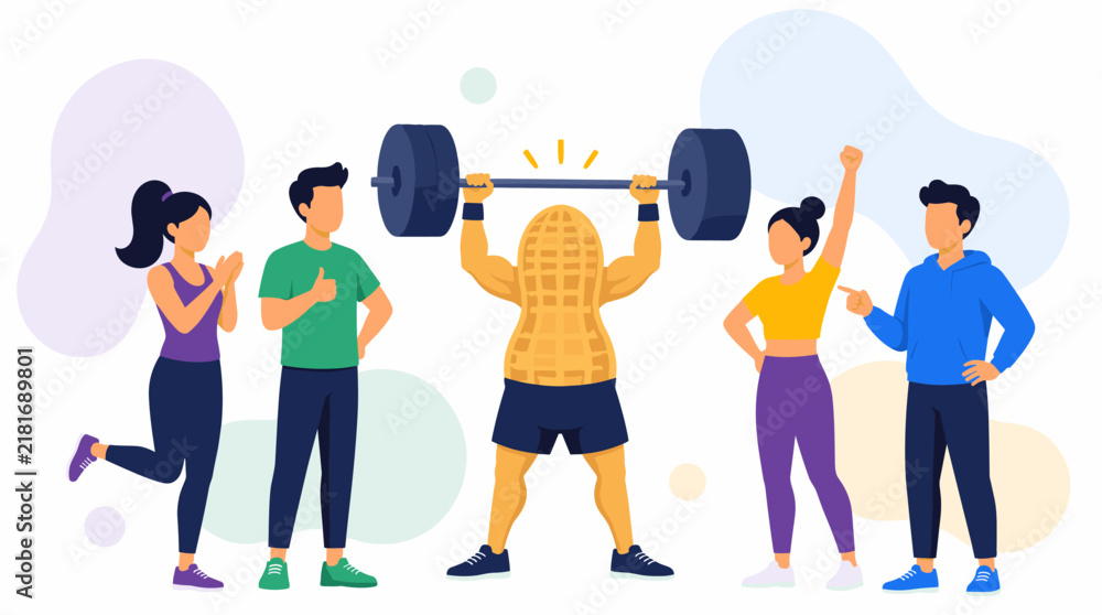 Obraz premium National Peanut Day illustration featuring a group of friends cheering for a person lifting heavy weights in a gym.