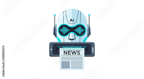 AI Robot Generating News and Journalism Content Concept, Artificial Intelligence Newspaper Illustration on White Background
