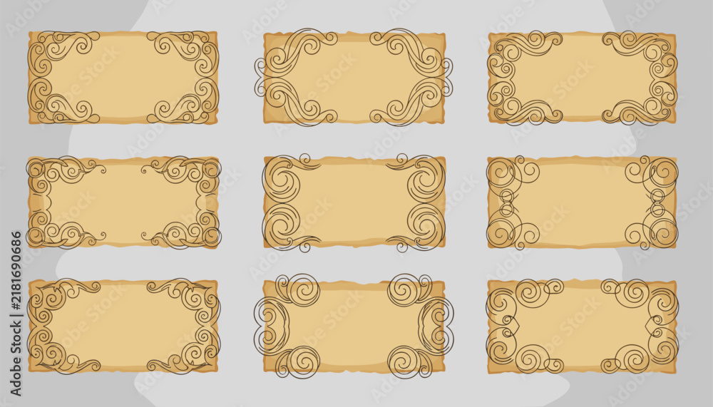 Fototapeta premium Collection of elegant vintage scroll paper banners decorated with ornate calligraphic flourish frames in classic vector design.