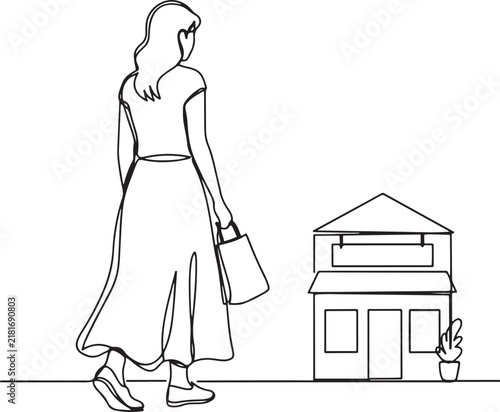 Hand drawn line art vector illustration of adult woman in long skirt walking to shop, view from back. one line art icon drawing
