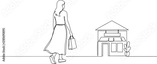 Hand drawn line art vector illustration of adult woman in long skirt walking to shop, view from back. one line art icon drawing