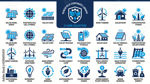 Quadro su tela Renewable energy icon set, 24 blue flat vector icons for solar and wind power