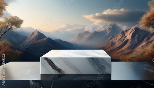 a marble cube podium with a mountain landscape background