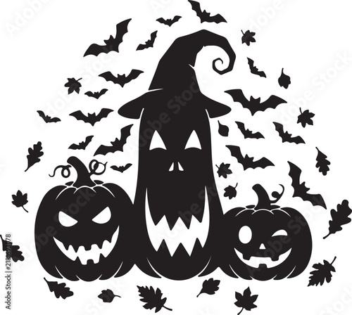 Halloween witch silhouette with pumpkins bats and autumn leaves isolated on white background