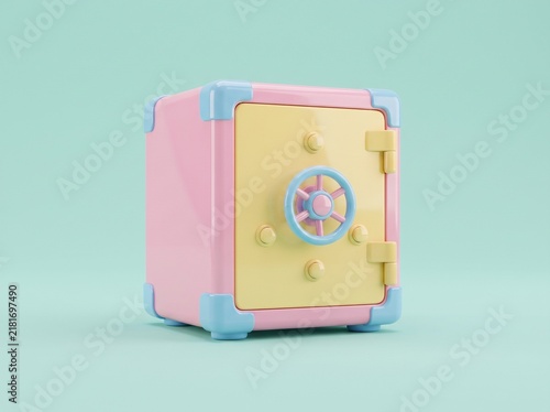 Cute pastel colored toy safe with a dial and handle on a light blue background