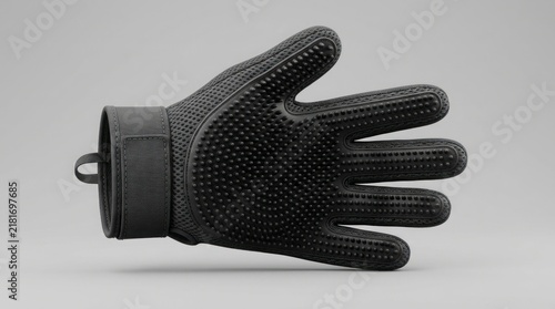 Silicone grooming glove designed with textured rubber bristles and an adjustable wrist strap lies isolated against a plain grey studio backdrop.