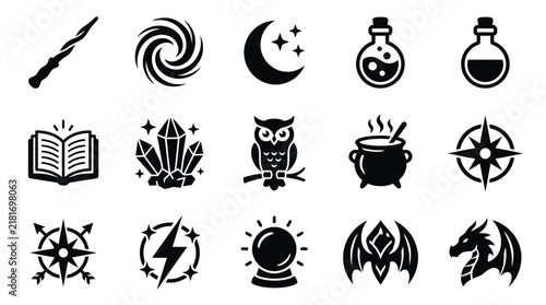 Foto Set of 15 black magic and fantasy icons featuring a wand, vortex, crescent moon, potion bottles, grimoire, crystals, owl, cauldron, compass rose, lightning bolt, crystal ball, bat, and dragon head