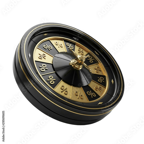 A close-up of a casino roulette wheel with percentage symbols on its golden compartments.