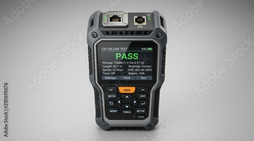 Digital network cable tester featuring a rugged grey casing and an illuminated green pass screen stands centered against a neutral backdrop.