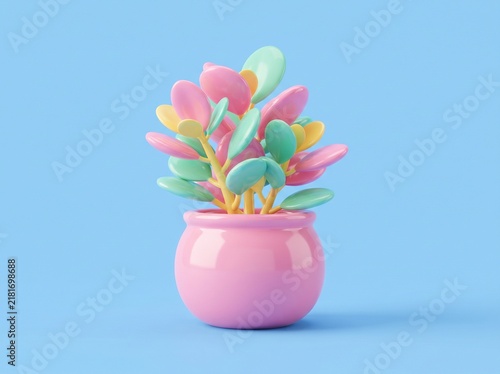 Colorful abstract flower arrangement in a pink vase against a light blue background