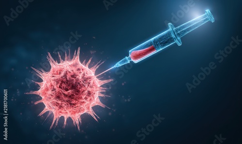 A medical syringe injecting a red virus cell representing the development of a vaccine to fight against infectious diseases