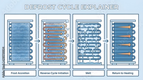 Defrost cycle explainer infographic with four stages of reverse cycle operation for heat pumps.