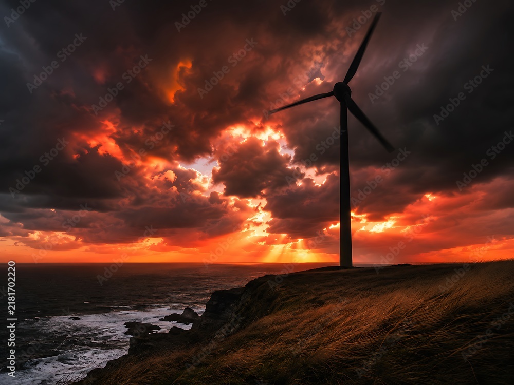 Obraz premium A single wind turbine standing on a grassy cliff edge overlooking the ocean during a dramatic sunset with fiery orange and dark clouds