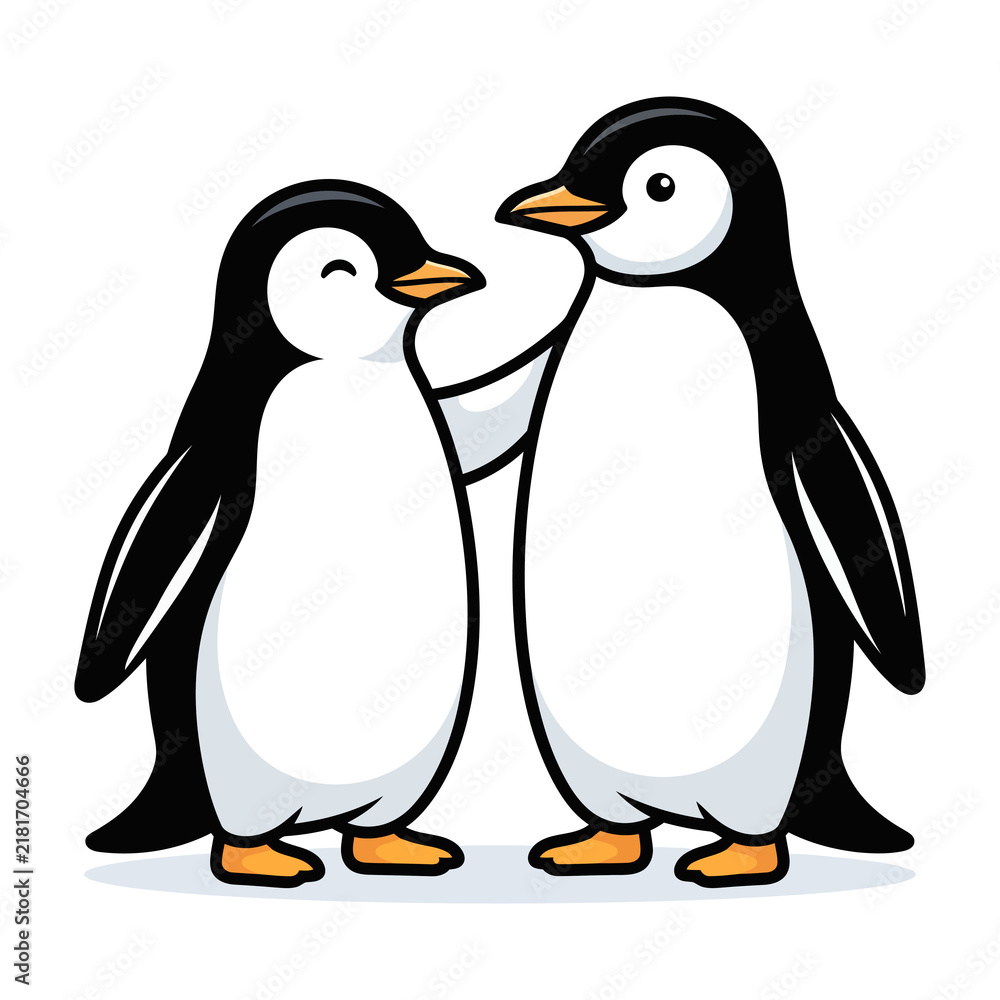 Obraz premium Two cute penguins standing together with one arm wrapped around the other.