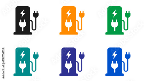 EV Charging Station Icon Set with Plug and Lightning Bolt