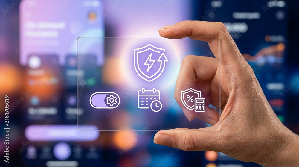 Obraz premium Close up of a hand holding a transparent glass tablet with glowing smart energy management and utility payment icons on a digital bokeh background.