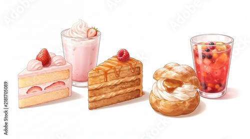 Assorted delicious desserts including strawberry cake, caramel cake, cream puff, and fruit drinks isolated on white background