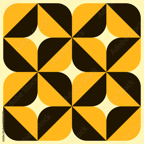 An abstract geometric pattern featuring repeating symmetrical modules that combine rounded shapes with sharp diagonal elements. The contrast between warm yellow and dark brown creates a distinctive