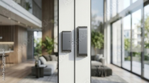 Smart sensor modules are installed on a sliding glass door frame inside a bright, modern luxury living room interior with tall windows.