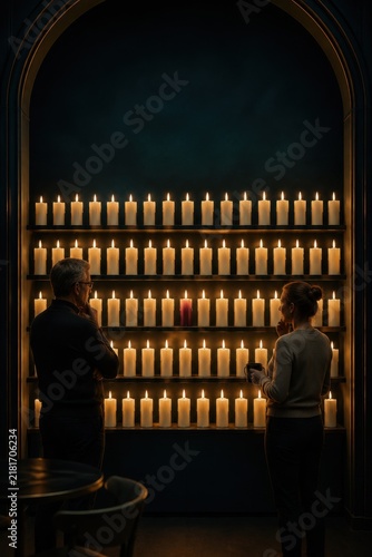Two people contemplating rows of candles in a dark alcove