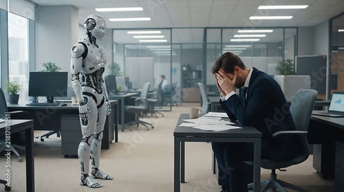 Future office worker collaborating with humanoid robot assistant in modern workspace.