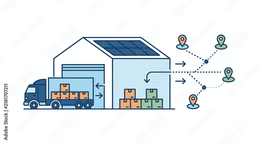 Obraz premium Professional of Solar Powered Warehouse with Delivery Truck and GPS Tracking for Logistics with high quality professional line art symbols for modern creative design and digital branding projects