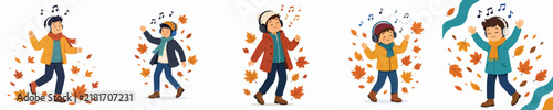 Flat vector illustration of a little boy dancing happily and listening to music with headphones, amidst falling autumn leaves