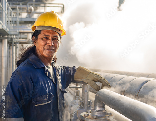 Industrial Worker on Steam Pipe Platform smiling at Camera