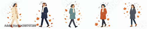 Flat vector illustration of a woman walking and listening to music with headphones, amidst falling autumn leaves
