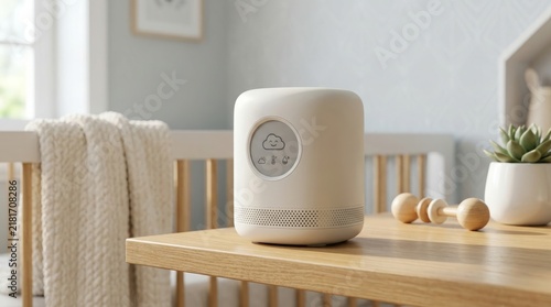 Smart air purifier stands on a natural wooden tabletop inside a bright baby nursery next to a wooden rattle and a gentle crib.