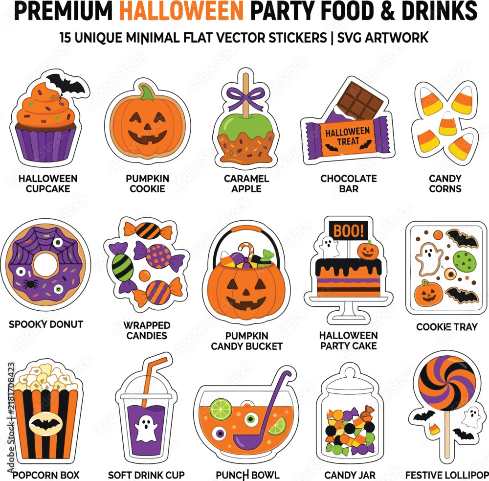 Fototapeta premium Halloween Party Food and Drinks Minimal Flat Vector Stickers with Transparent Background