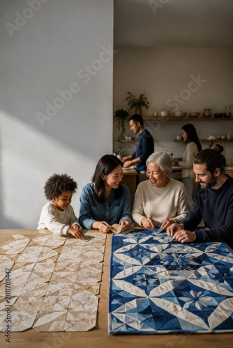 Family collaborating on blue and cream patchwork quilts