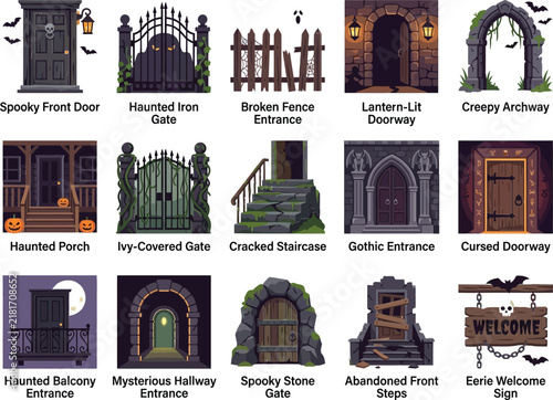HalloweenThemed Spooky Entrances And Haunted Doorway Illustrations With Transparent Background