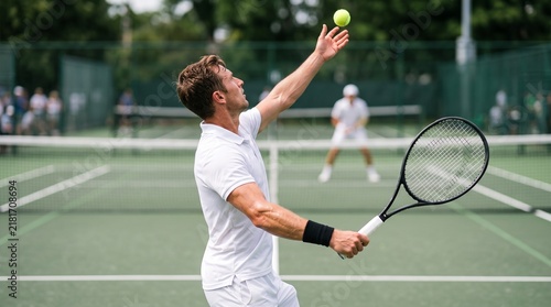 Commercial sports stock photo of a male tennis player holding a black racket and tennis ball, preparing to serve on an outdoor hard court.