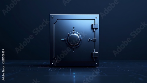 A closed heavy metal security safe on a dark reflective surface