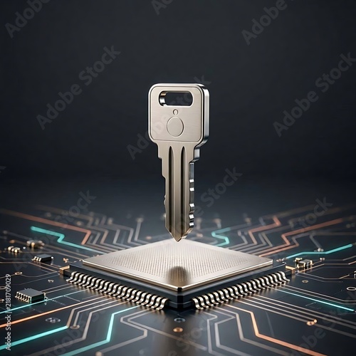 Digital security key hovering above a computer processor on a circuit board