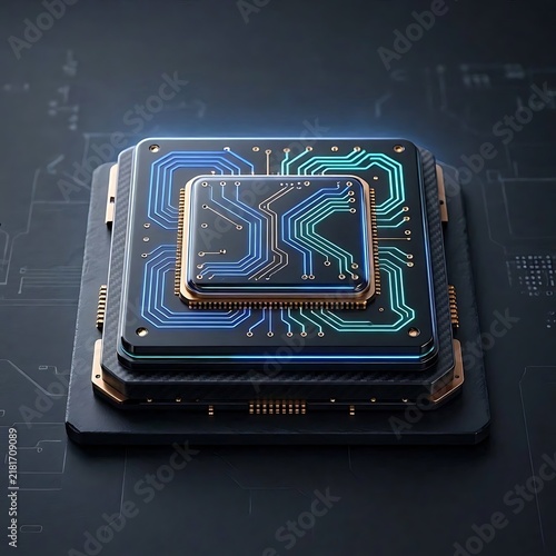 Modern computer processor chip with glowing blue electronic circuits on dark background